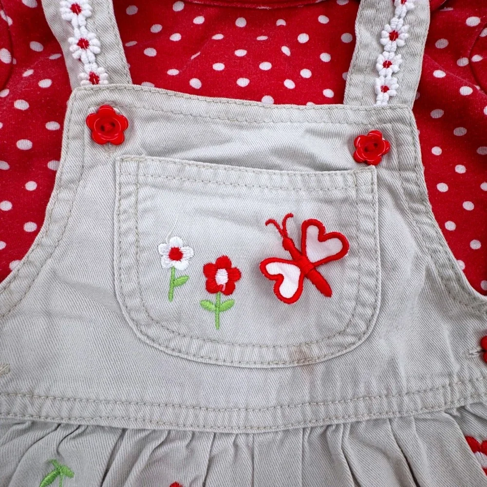 Vtg Cradle Togs Baby Girl Polka Dot Bodysuit & Tan Floral Overall Set Size 12M